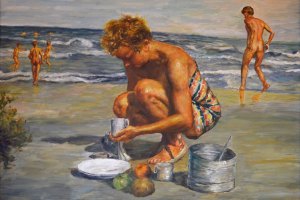 Am-Am Ostseestrand (Tochter des Malers) · 60 x 80 cm · Ölfarbe auf Pappe · um 1959/60 · Privatbesitz Gerd Grießbach, Dresden
