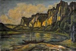 Bastei bei Rathen · 45 x 75 cm · Öl auf Malpappe · um 1935 · Privatbesitz Gerd Grießbach, Dresden