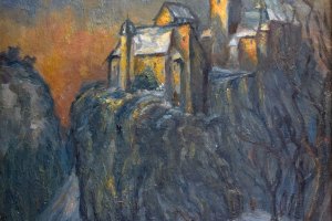 Burg Mildenstein bei Leisnig · 38 x 40 cm · Öl auf Malpappe · um 1950 – beidseitig bemalt. Rückseite: Dom Regensburg · 40 x 50 cm · Öl auf Malpappe · um 1935 · Privatbesitz Gerd Grießbach, Dresden · verfügbar