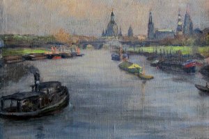 Blick über die Elbe auf die Dresdner Altstadt · signiert · 45 x 55 cm · Öl auf Leinen · um 1925 · verfügbar
