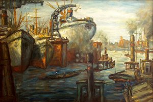 Hamburger Hafen · um 1959 · Ölfarbe auf Malpappe · Privatbesitz Zwickau