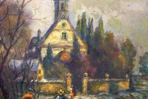 Kirche Maria am Wasser, Hosterwitz · Öl auf Leinen · 1957 · Privatbesitz, Dresden