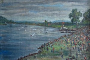 Motorbootrennen auf der Elbe · 36 x 42 cm · Öl auf Malpappe · um 1955 · Privatbesitz Gerd Grießbach, Dresden · verfügbar