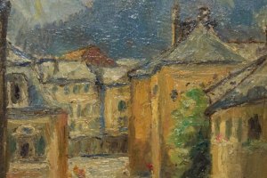 Poststraße in Bad Reichenhall · 27 x 16 cm · Öl auf Malpappe · 1957 · Privatbesitz Gerd Grießbach, Dresden