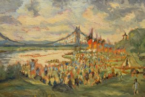 Regatta in Blasewitz · 1957 · 18 x 12 cm · Öl auf Malpappe · unsigniert · Privatbesitz Gerd Grießbach, Dresden
