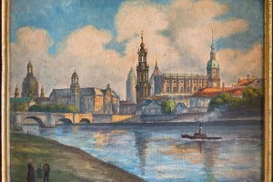 Sihouette von Dresden von Westen · 29 x 23 cm · Öl auf Malpappe unsigniert · o.J. · Privatbesitz Gerd Grießbach, Dresden · verfügbar