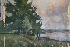 Wald-Seenlandschaft · 42 x 31 cm · Öl auf Leinwand · beschädigt · unsigniert · Privatbesitz Gerd Grießbach, Dresden · verfügbar