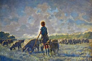 Der Junge mit seinen Schafen am Blasewitzer Elbufer, Variante 2 · Öl auf Leinwand · 85 x 60 cm · 1957 · Privatbesitz Gerd Grießbach, Dresden