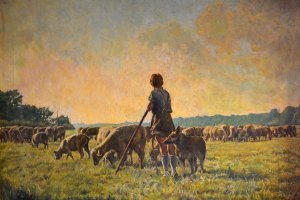 Der Junge mit seinen Schafen am Blasewitzer Elbufer · signiert u.l. · Öl auf Leinwand · 85 x 60 cm · 1957 · Privatbesitz Dr. Markus Enderlein, Schönfeld